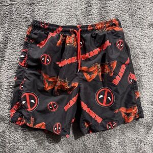 Marvel Bioworld Deadpool Mens Swim Trunks Black Red Graphic Shorts Size M